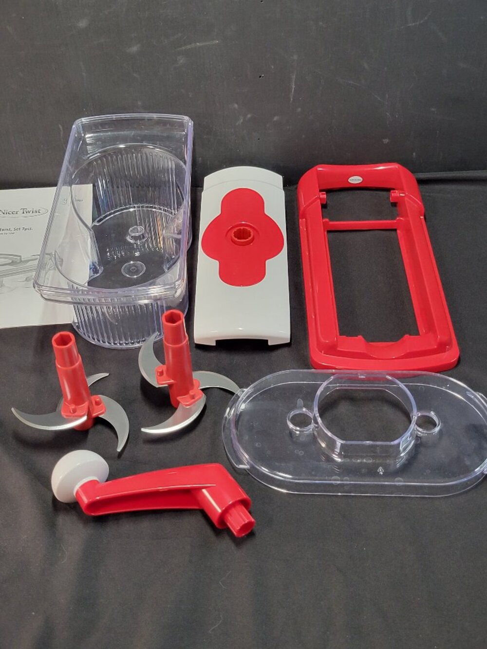 Genius Nicer Twist 7pc Push Food Chopper Set, 5 Cup Mixing Bowl, Red/White/Clear